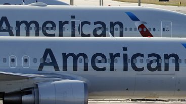 Image: A pair of American Airlines jets are shown parked on an airport apro