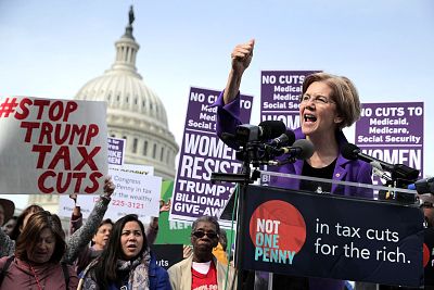 Senator Elizabeth Warren at a rally against the Republican tax plan outside the Capitol on Nov. 1, 2017.