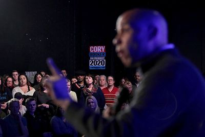 Sen. Cory Booker, D-NJ, speaks at a campaign stop at the Des Moines Social Club in Iowa on Feb. 9, 2019.
