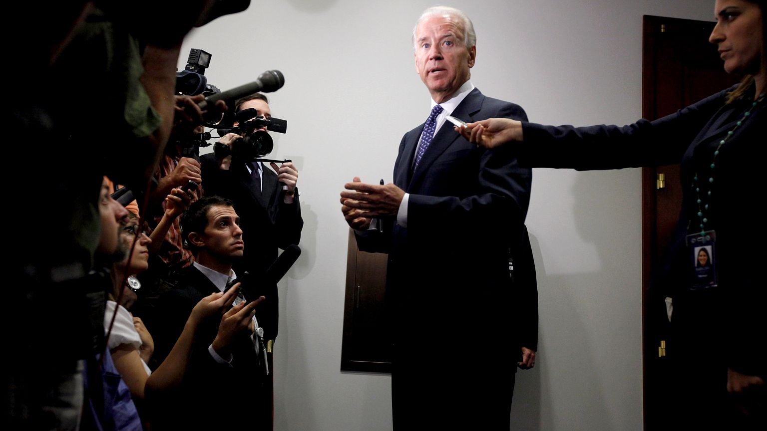Image: Vice President Joe Biden speaks with reporters after a meeting with 