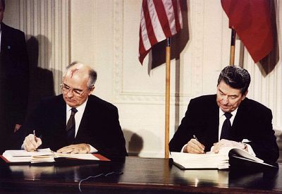 President Ronald Reagan and Soviet leader Mikhail Gorbachev sign the INF Treaty at the White House on Dec. 8 1987.