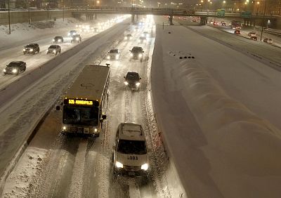Traffic along Interstate 94 in Minneapolis during a winter storm on Feb. 12, 2019.