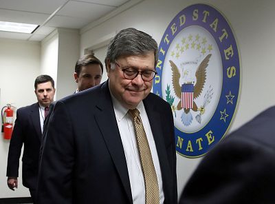 William Barr arrives for a meeting with Sen. Josh Hawley on Jan. 29, 2019 in Washington.