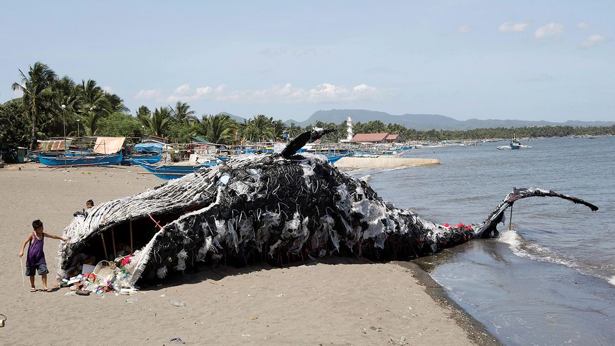 Műanyag hulladékból készült elhullott bálna a fövenyen