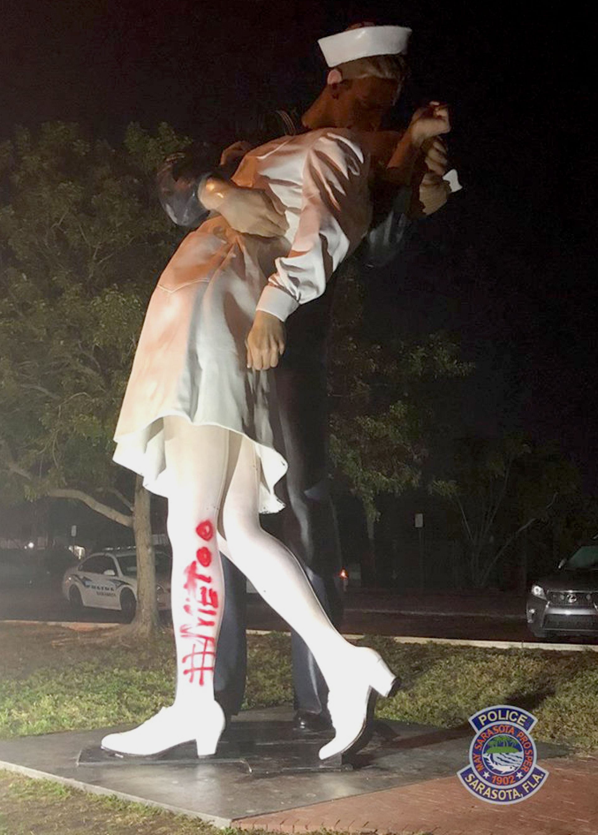 Statue based on famous WWII 'kissing sailor' photo spraypainted with