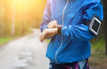 Watch for sports with smartwatch. Jogging training for marathon.