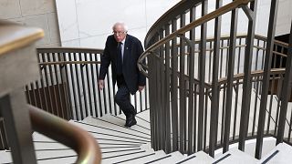 Sen. Bernie Sanders, I-Vt., leaves a briefing of the full Senate at the Cap