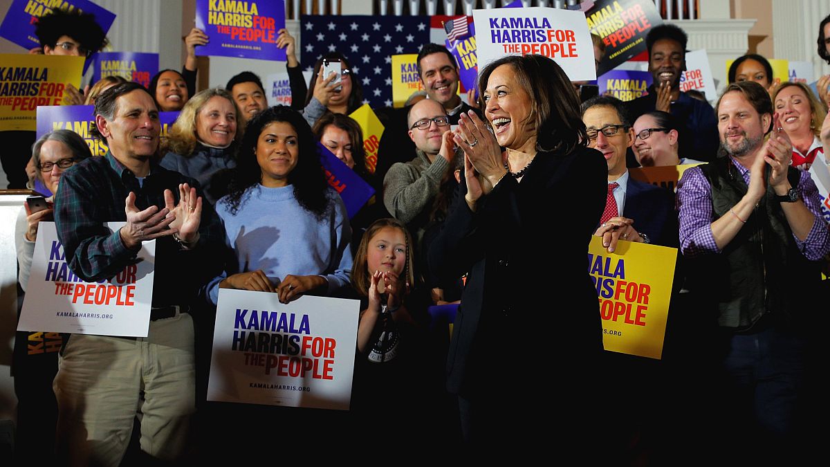 Image: Sen. Kamala Harris, D-Calif., takes the stage during a campaign even