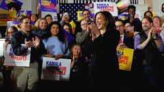 Image: Sen. Kamala Harris, D-Calif., takes the stage during a campaign even