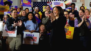 Image: Sen. Kamala Harris, D-Calif., takes the stage during a campaign even