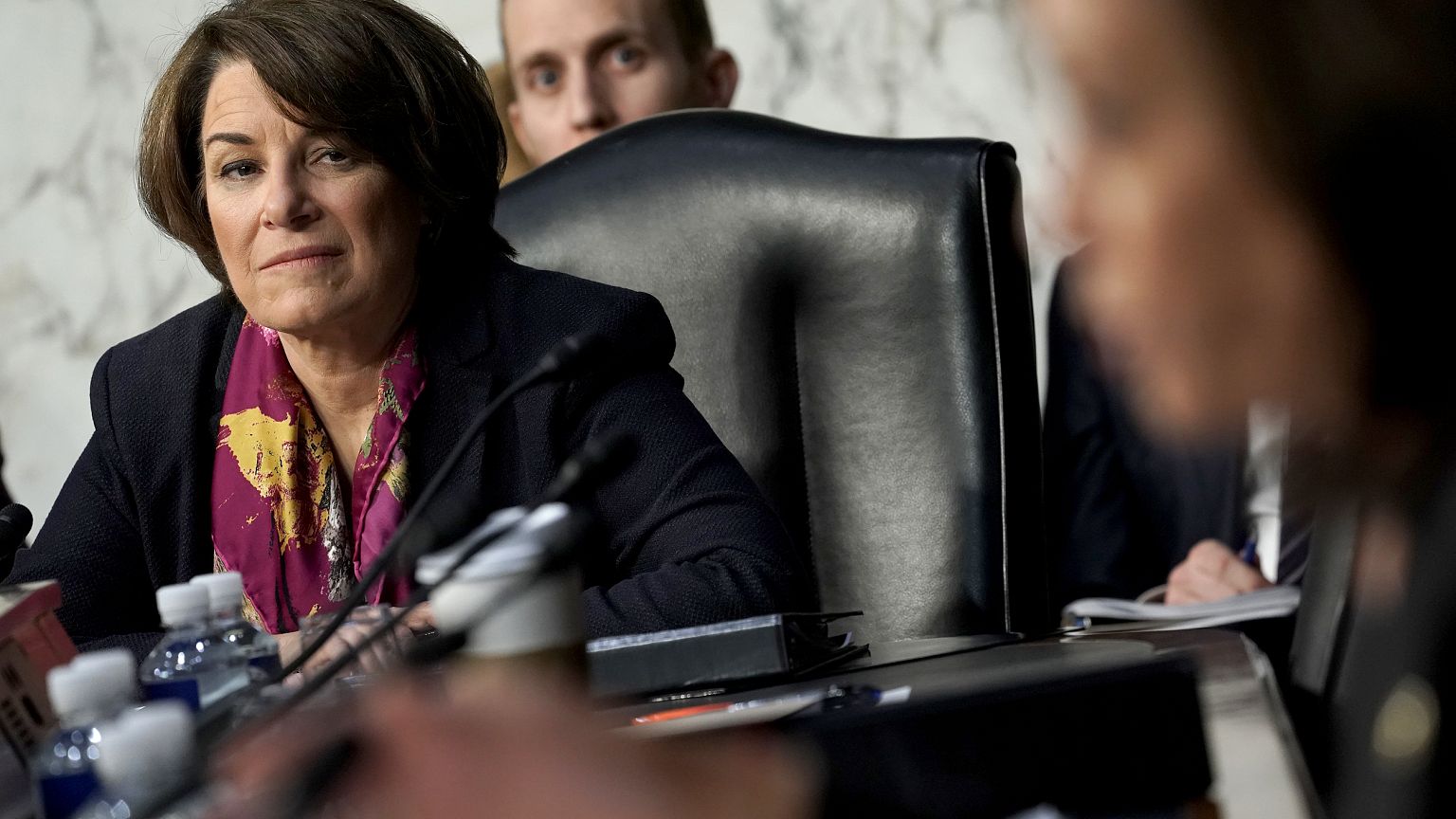 Image: Sen. Amy Klobuchar, D-Minn., listens to testimony at a hearing in Wa