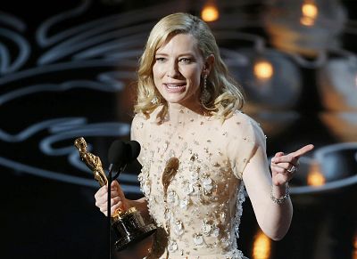 Cate Blanchett speaks onstage after she won best actress for her work in \'Blue Jasmine."
