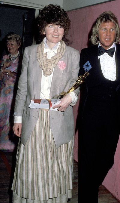 Diane Keaton in her signature tomboy style backstage after accepting her Oscar for best actress.