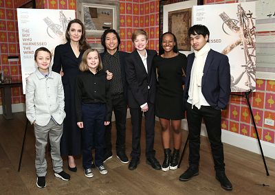Angelina Jolie with Knox, Vivienne, Pax, Shiloh, Zahara and Maddox at a screening of "The Boy Who Harnessed The Wind" at Crosby Street Hotel on Feb. 25 in New York City.