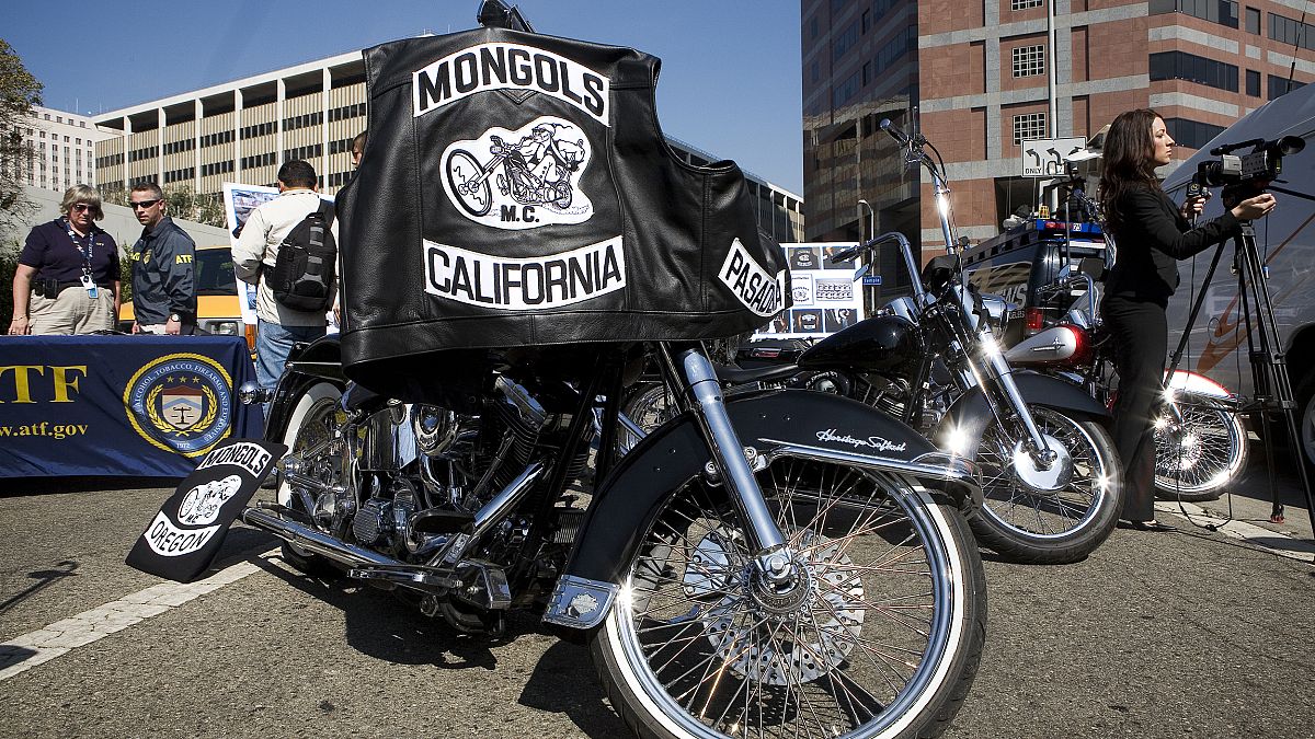 Motorcycles seized from the Mongols Motorcycle gang is on display during a 