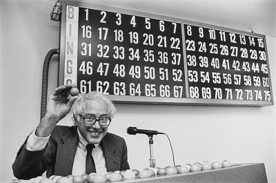Rep. Bernie Sanders, I-Vt., calls out bingo numbers in St. Albans, Vermont, on Oct 22, 1990.