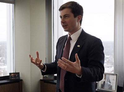 Mayor Pete Buttigieg talks with an AP reporter in his office in South Bend, Ind., in January.