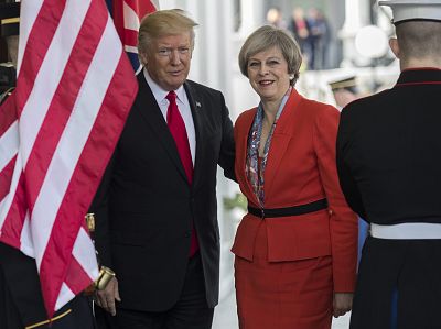 President Donald Trump greets British Prime Minister Theresa May as she arrives at the White House on Jan. 27, 2017. She was the first foreign head of state to meet Trump there.
