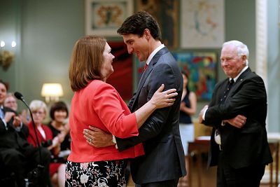 Canada\'s Prime Minister Justin Trudeau congratulates Jane Philpott after she was sworn-in as Canada\'s minister of indigenous services in 2017.