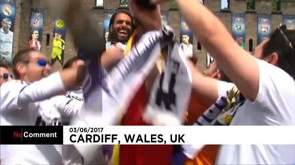 Fans warming up for Juventus against Real Madrid in Cardiff Fans warming up for Juventus against Real Madrid in Cardiff