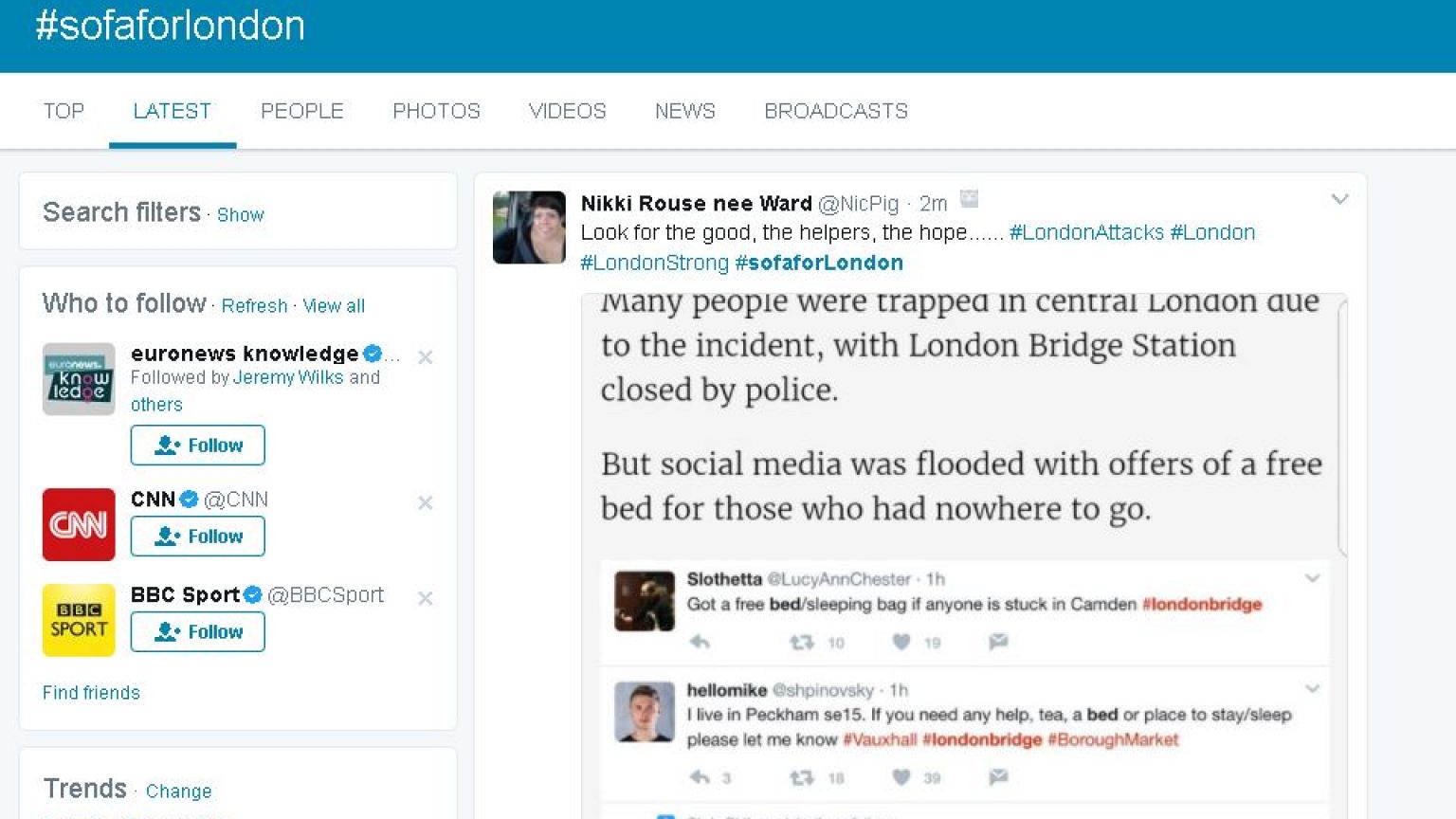 L'attentat de Londres vu de Twitter : #SofaForLondon et faux appels à disparus