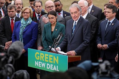 Rep. Alexandria Ocasio-Cortez, D-N.Y., and Sen. Ed Markey, D-Mass., hold a news conference this month on their Green New Deal environmental proposal.