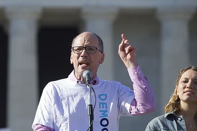 Democratic National Committee Chairman Tom Perez addresses the Women\'s March at the Lincoln Memorial in Washington on Jan. 20, 2018.