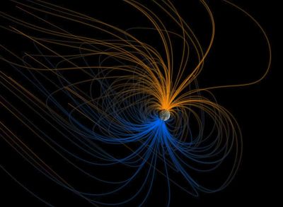In this artist\'s conception of Earth\'s magnetosphere, the orange and blue lines depict the opposite north and south polarity of Earth\'s field lines.