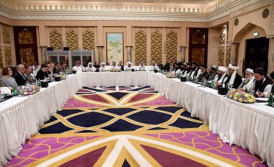 Qatari officials take part in meeting between U.S. special envoy Zalmay Khalilzad, the U.S. delegation, Sher Mohammad Abbas Stanikzai and the Taliban delegation, in Doha on on Feb. 26, 2019.