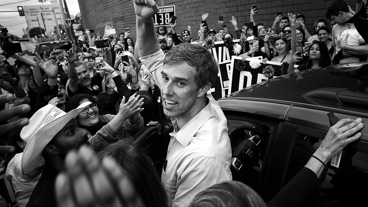 Image: Rep. Beto O'Rourke, D-Texas, pumps his fist before departing a campa