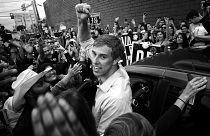 Image: Rep. Beto O'Rourke, D-Texas, pumps his fist before departing a campa