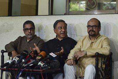 President of Bangladesh Cricket Board Nazmul Hassan Papon, center, speaks during a press conference on the status of the country\'s cricket team after Friday\'s mass shootings in New Zealand, in Dhaka, Bangladesh, on March 15, 2019.