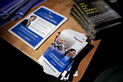 Campaign pamphlets for Democratic presidential candidate Andrew Yang at the Democratic Wing Ding Event in Clear Lake, Iowa, on Aug. 10, 2018.