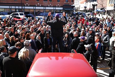 Beto O\'Rourke addresses the crowd at a canvassing kickoff event for Iowa state senate candidate Eric Giddens in Waterloo on March 16, 2019.
