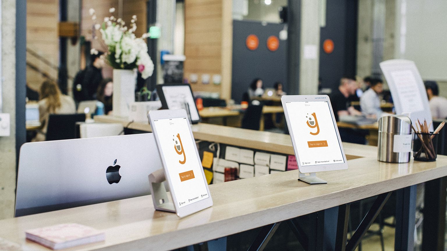 Image: Visitor registration systems at the Galvanize headquarters.