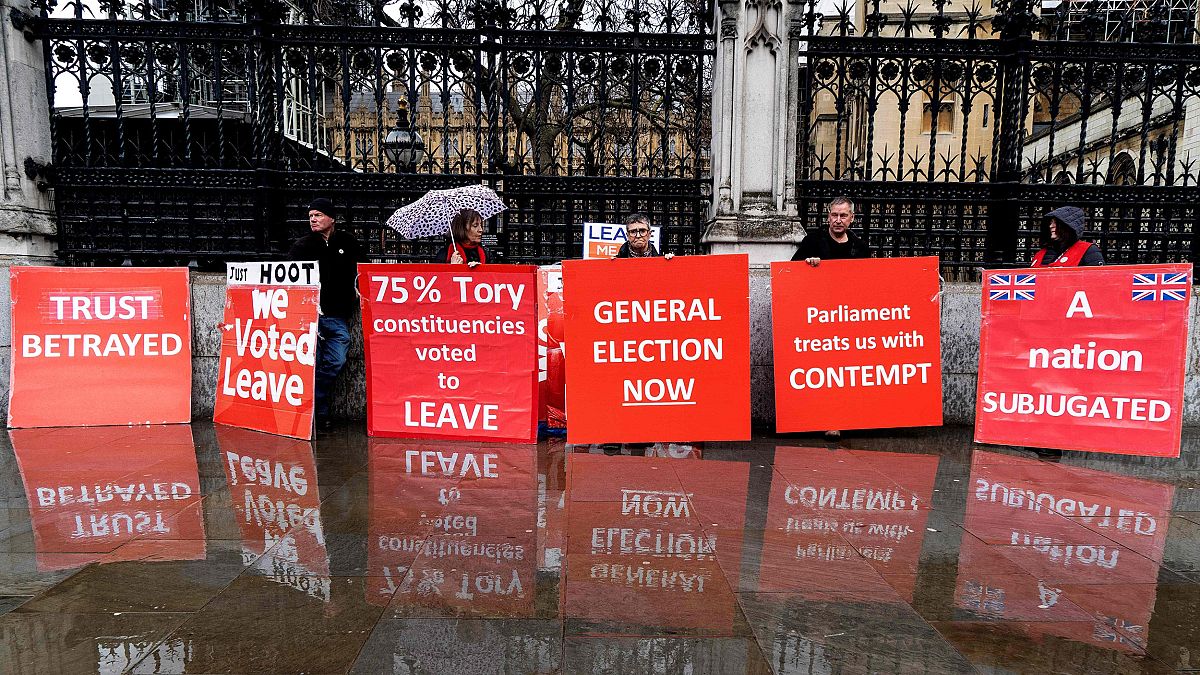 Image: Pro-Brexit activists hold placards as they demonstrate outside the H