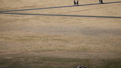 Image: Visitors to Greenwich Park walk on the footpaths in between the dry 