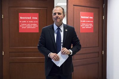 Rep. Adam Schiff, D-Calif., then ranking member of the House Permanent Select Committee on Intelligence, leaves a secure area where the panel meets at the Capitol, on Feb. 5, 2018