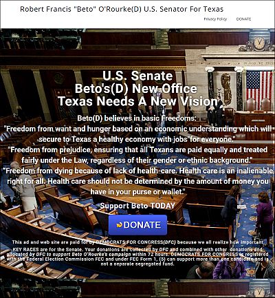 A fraudulent website was set up to look like it was in support of Democrat Beto O\'Rourke\'s Senate campaign.