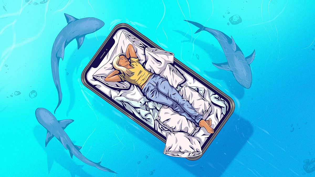 Illustration of a sleeping woman on floating phone bed while sharks lurk be