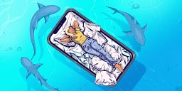 Illustration of a sleeping woman on floating phone bed while sharks lurk be