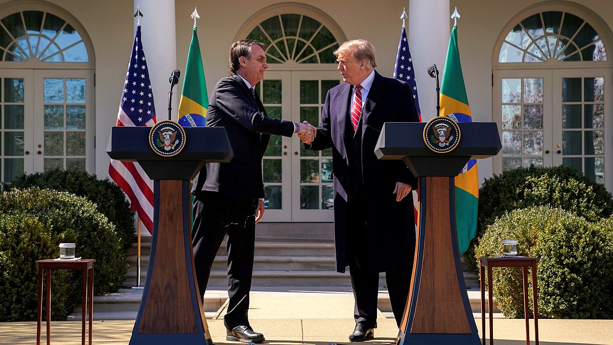 Image: Brazil's President Jair Bolsonaro and President Donald Trump shake h
