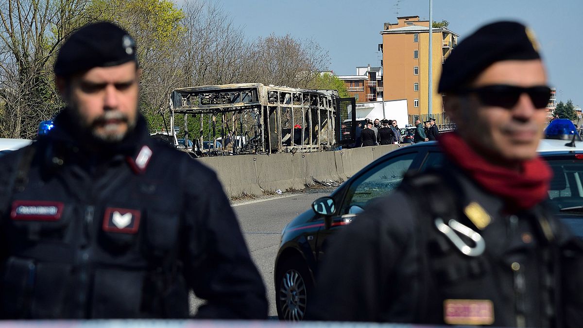 Image: Italian Carabinieri policemen stand by by the wreckage of a school b