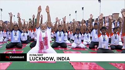 Indian leader joins massive yoga display