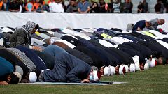 Image: People perform the Friday prayers at Hagley Park outside Al-Noor mos