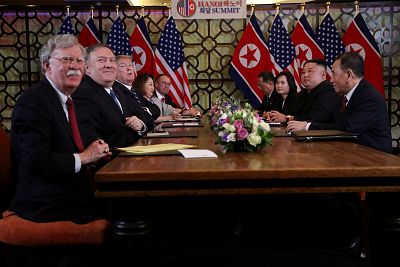 Kim Jong Un and Donald Trump meeting with officials before the second North Korea-U.S. summit in Hanoi, Vietnam collapsed.