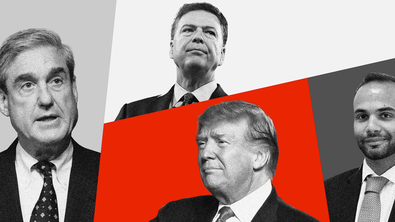 Photo illustration of Robert Mueller, James Comey, Donald Trump, and George