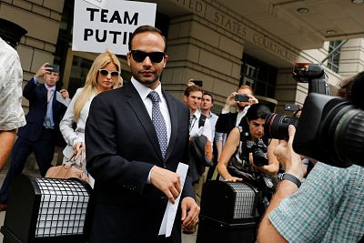 Former Trump campaign aide George Papadopoulos with his wife Simona Mangiante leaves after his sentencing hearing at U.S. District Court in Washington, on Sept. 7, 2018.
