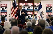 Image: Sen. Cory Booker speaks during a meeting with local residents during