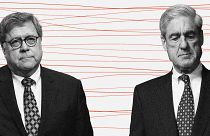 Photo illustration of William Barr and Robert Mueller.